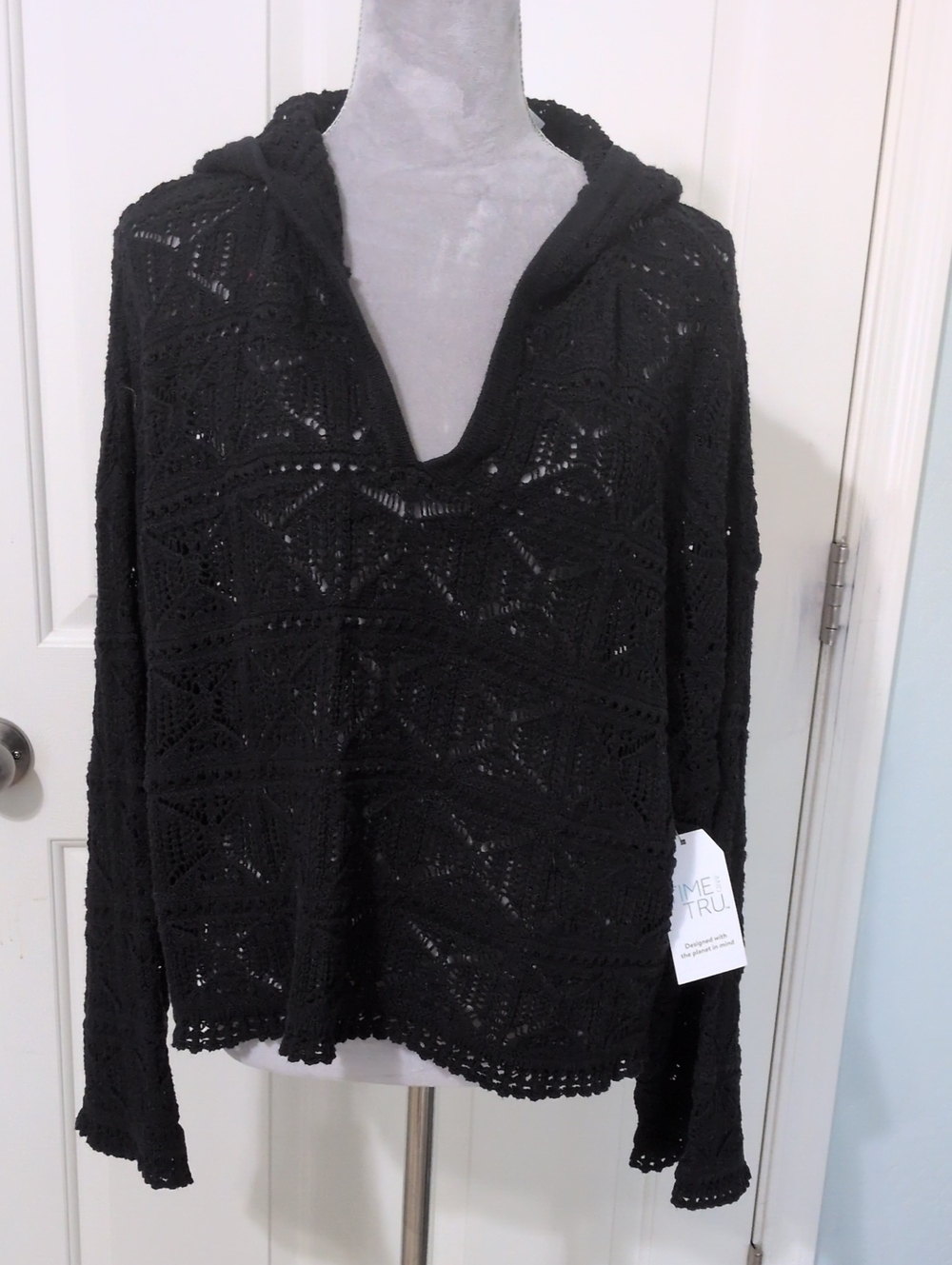 Time and Tru Black Crochet V-Neck Hooded Sweater